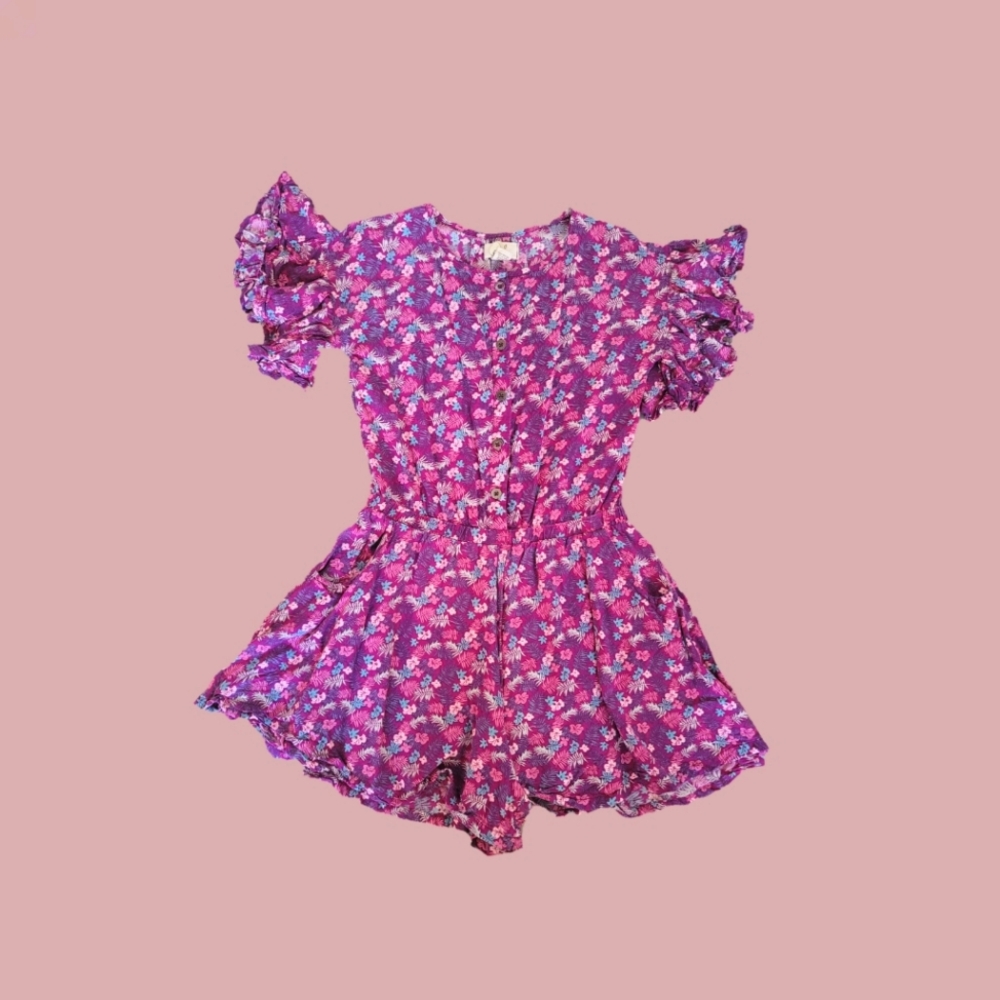 Girls' Peek Kids Plum Purple Tropical Floral Print Button Front Romper 7/8Y